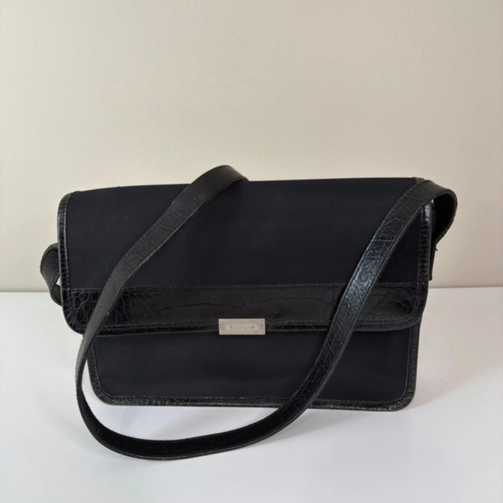 Lauren Ralph Lauren Black Nylon Croc Trim Crossbody Flap Bag Silver Logo Plaque - Picture 3 of 15